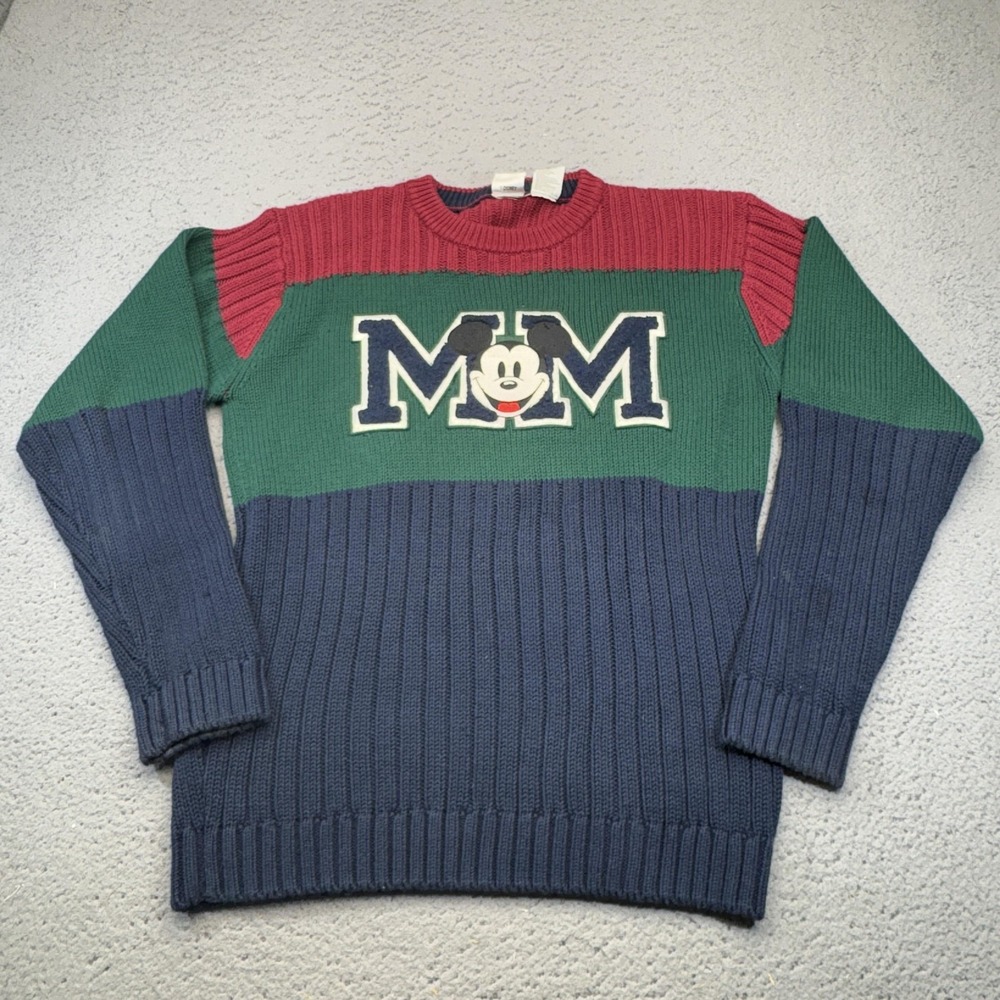 Disney Store Sweater Mens Large Blue Pullover Mickey Mouse Chunky Knit Preppy